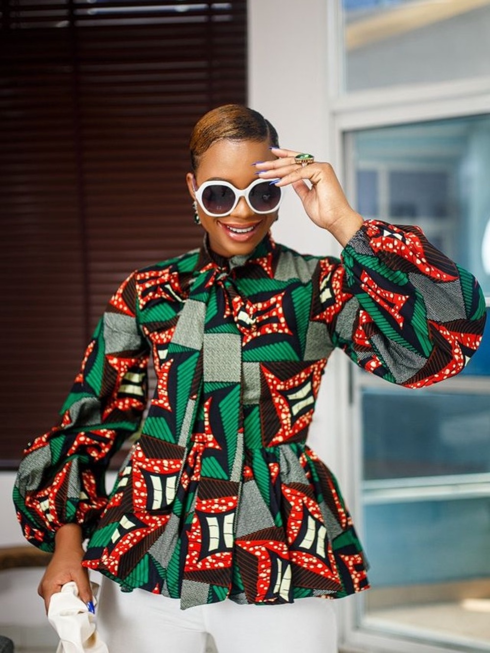 Mae Otti Tie-Neck African Wax Print Peplum Blouse  in Green & Orange - size XL